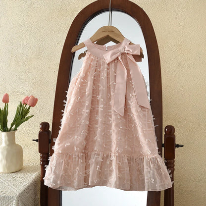 Vestido de Princesa Rosa con Lazo en el Cuello y Flecos, Estilo Coreano, para Fiestas de Cumpleaños de Niñas de 3 a 7 Años, Versión de Verano