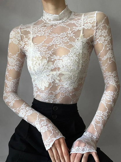 Blusa Elegante para Mujer – Encaje Floral, Manga Larga y Diseño Transparente