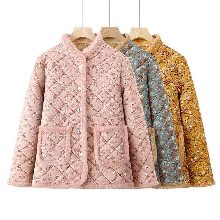 Chaqueta de algodón con estampado floral y forro polar grueso para mujeres de mediana edad y mayores, ropa de abrigo cálida p...