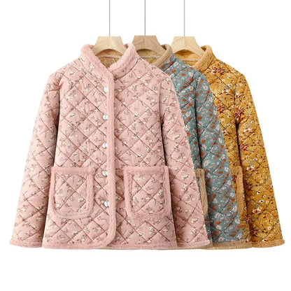 Chaqueta de algodón con estampado floral y forro polar grueso para mujeres de mediana edad y mayores, ropa de abrigo cálida p...