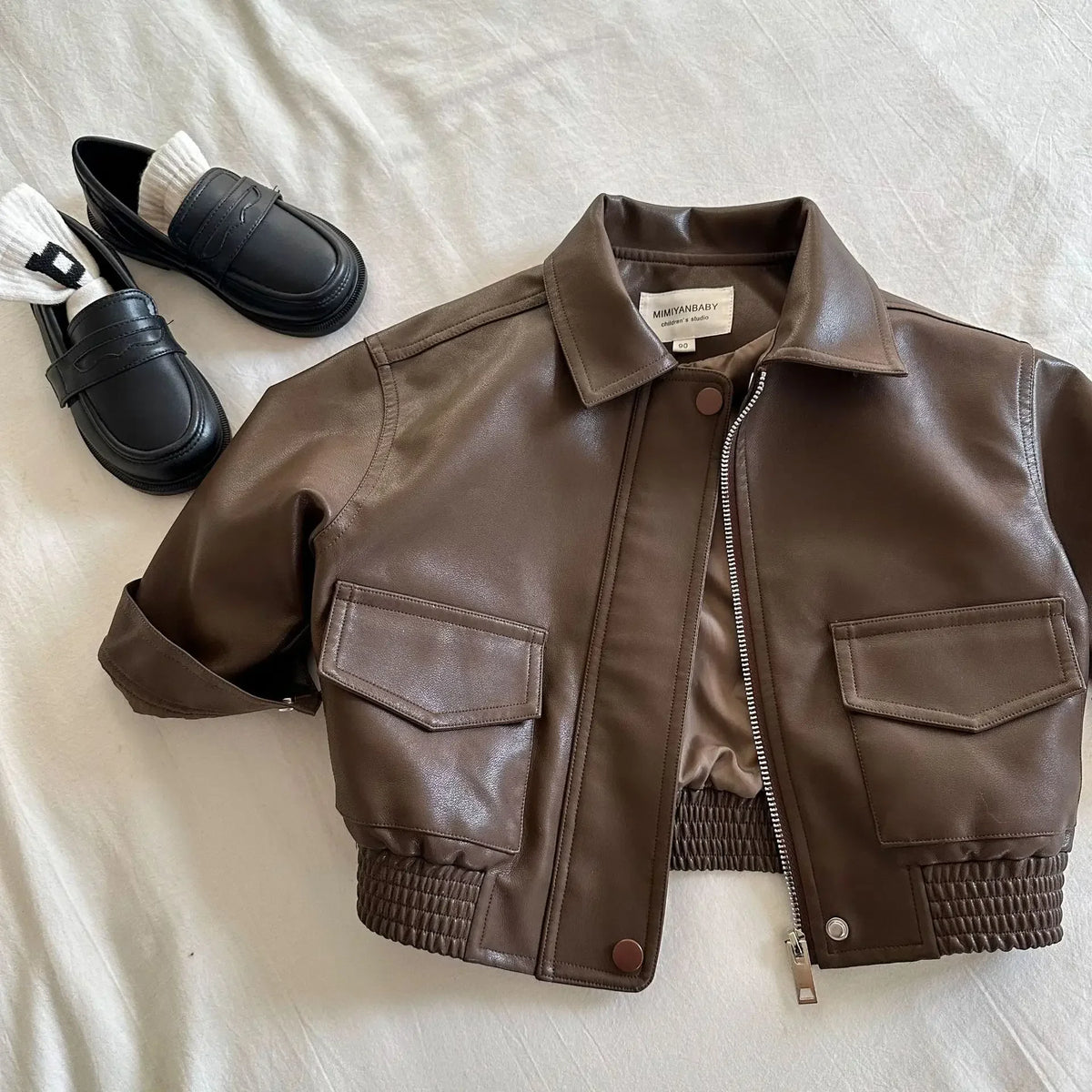 Chaqueta de cuero con cuello para niños y niñas, abrigo corto de Color liso, a la moda, novedad de otoño, 2024