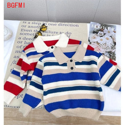 Nuevo suéter para niños, suéter de punto a rayas gruesas, jersey de otoño e invierno para niños, Top informal para niños, abrigo con cuello POLO para bebés y niños pequeños