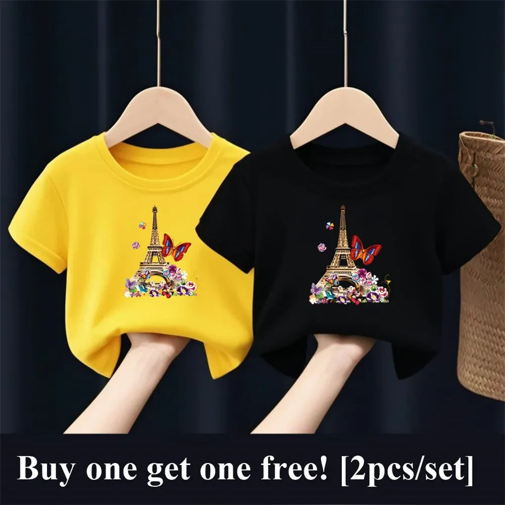 2 unids/pack niñas París Torre Eiffel mariposa estampado gráfico camiseta niños manga corta hermana traje a juego amigo fiesta Tops