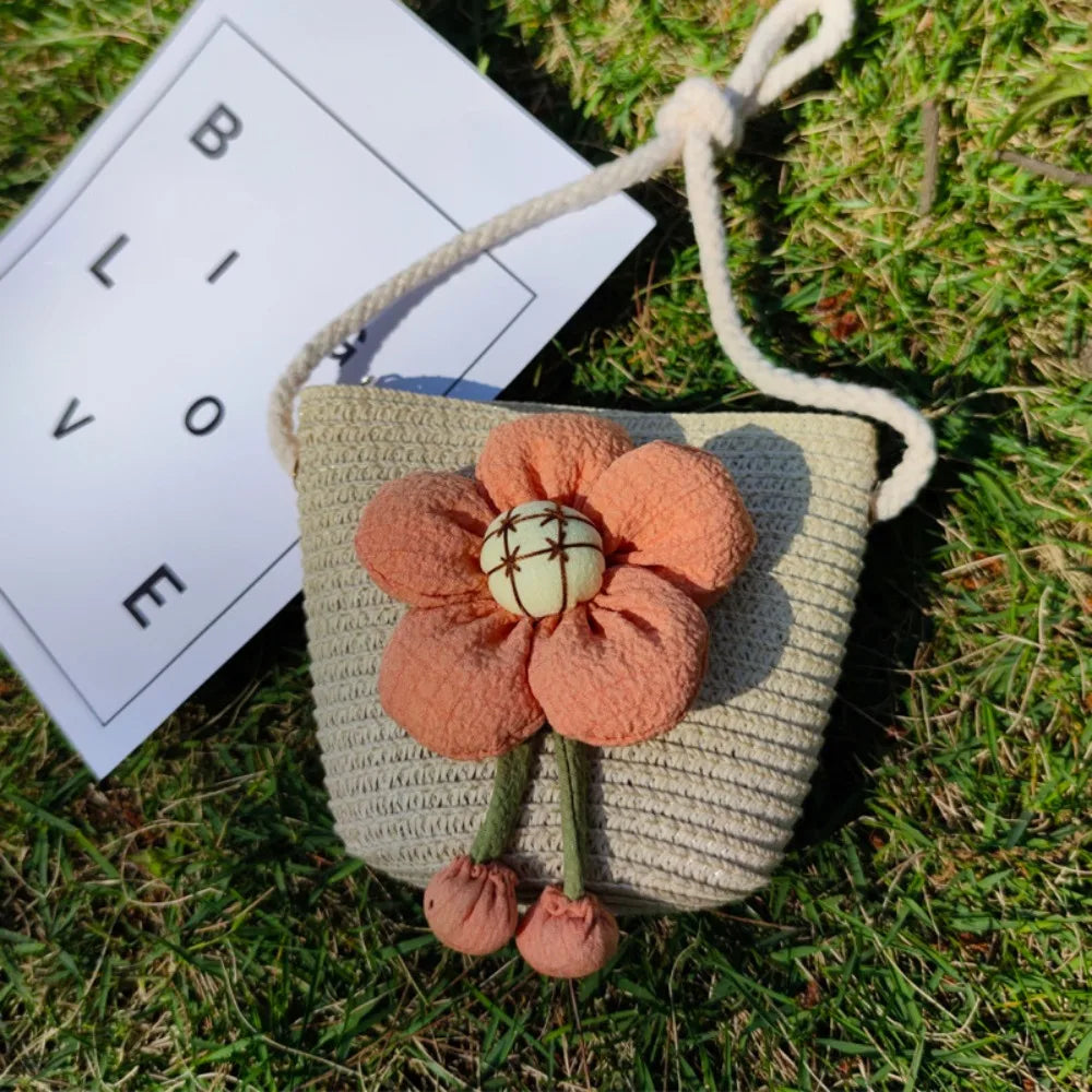 Bolso de hombro hecho a mano para niños y niñas, con flores bandolera de paja, monedero para llaves, Mini bolso de princesa
