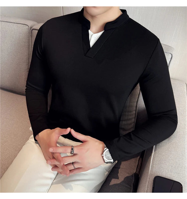 Camiseta elástica falsa de 2 piezas con empalme a la moda coreana, camiseta básica de manga larga con cuello en V ajustada para hombre, camisetas versátiles de Color sólido