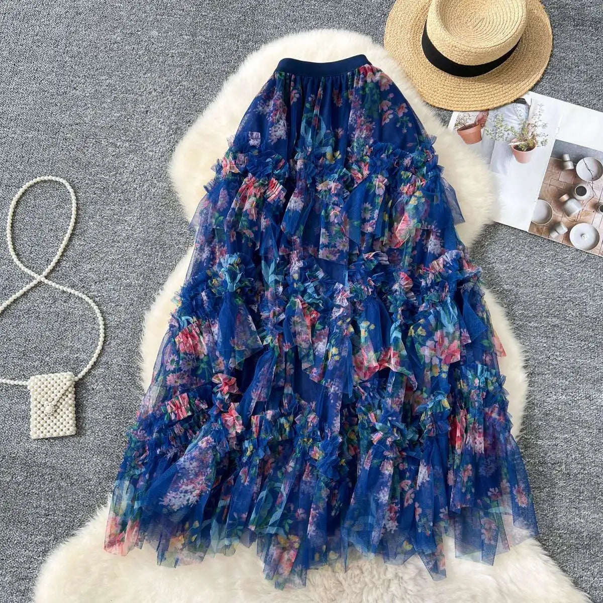 Falda Midi de Malla con Estampado Floral de Cintura Alta Estilo Coreano para Mujer, Falda Hada Abullonada de Fibra de Poliést...