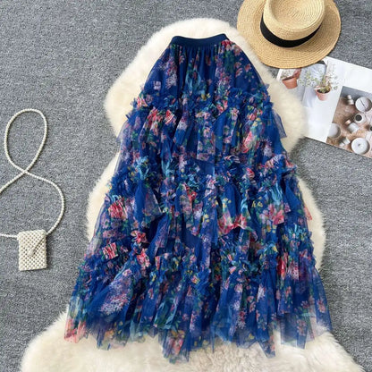 Falda Midi de Malla con Estampado Floral de Cintura Alta Estilo Coreano para Mujer, Falda Hada Abullonada de Fibra de Poliést...