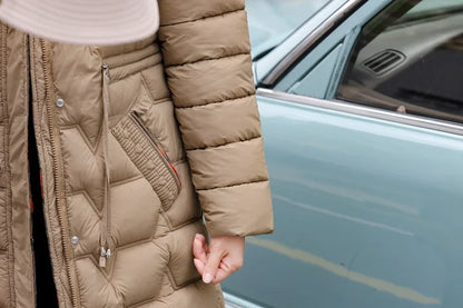 Chaqueta Larga de Algodón Grueso para Mujer, Acolchada, Ajustada, con Cintura Ajustable, Manga Larga, Cierre de Cremallera