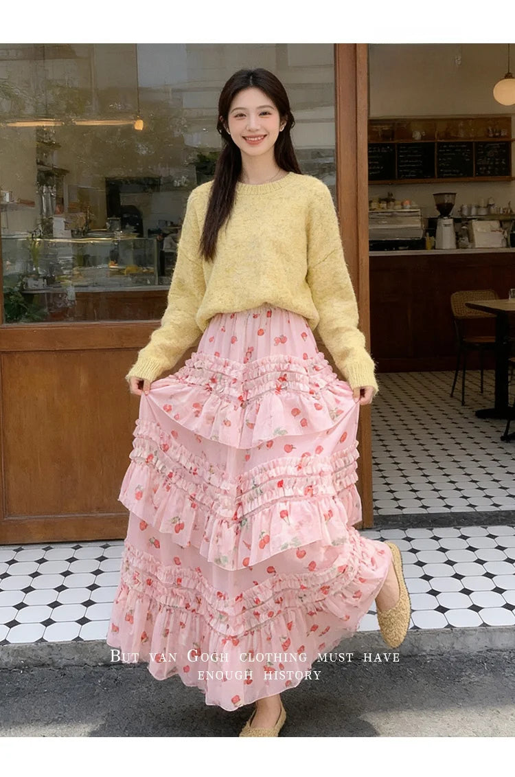 Primavera Verano 2026 Falda Larga de Tul Estampada de Cintura Alta con Empalmes Asimétricos, Falda de Pastel Colorida, Estilo...