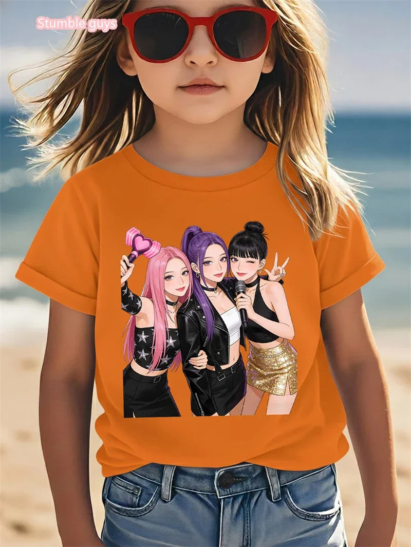 Nueva Camiseta de Verano para Niñas, Cuello Redondo, Algodón Puro, Estilo Casual, Linda Camiseta de Anime de Manga Corta, Suave, Ropa para Niñas