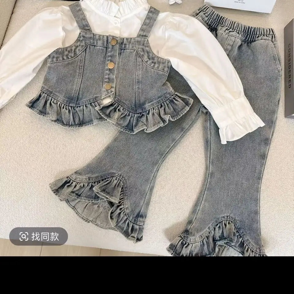 Conjunto para niña, nuevo estilo occidental, mezclilla, primavera y otoño, chaleco para niños, camisa, conjunto de tres piezas para bebé, pantalones vaqueros