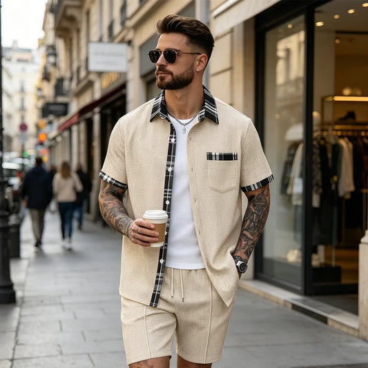 Nuevo conjunto de verano Waffle, camisa y pantalones cortos a cuadros para hombre, conjunto informal de dos piezas F156D