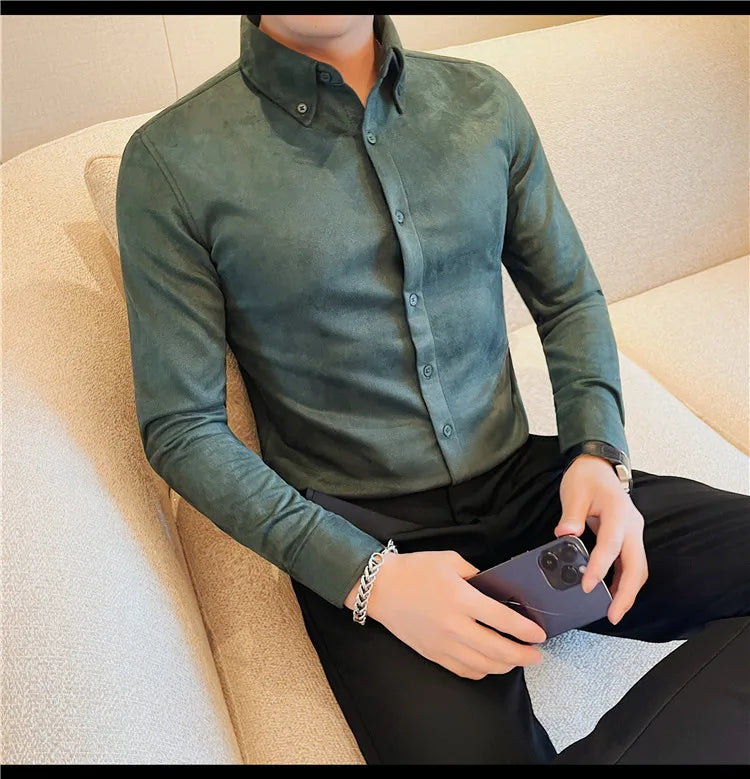 Camisa de ante de alta calidad para hombre, camisas de negocios informales de manga larga para otoño e invierno, blusa de esmoquin para fiesta Social, ropa para hombre 2023