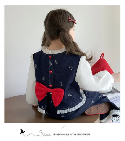Conjunto de tres piezas con lazo grande de amor para niña, edición coreana de moda de primavera y otoño, ropa para niña
