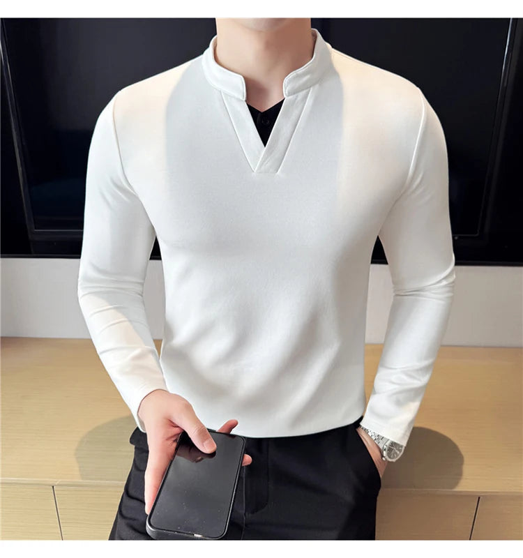 Camiseta elástica falsa de 2 piezas con empalme a la moda coreana, camiseta básica de manga larga con cuello en V ajustada para hombre, camisetas versátiles de Color sólido