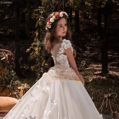 Vestido de fiesta de princesa largo blanco para niñas con tren para actuación de Piano vestido Formal de desfile de cumpleaños de boda para niñas de flores
