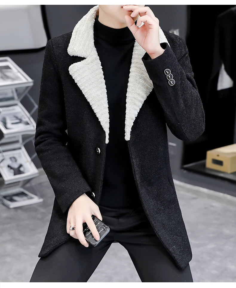 Chaquetas de lana de invierno coreanas para hombres, chaqueta de mezcla de lana gruesa de felpa con solapa, gabardina larga informal de negocios, abrigo de calle