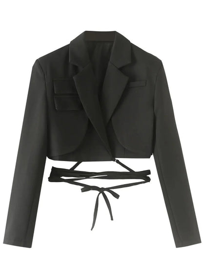 Early Autumn Women's Cross-Belted Slim Fit Short Suit Jacket Fashionable Business Casual Style Long Sleeve Commute Friendly