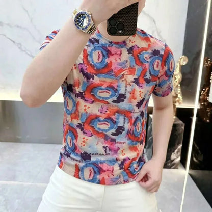 Camiseta de Verano con Estampado Artístico para Hombre, Cuello Redondo, Tela de Seda de Hielo Transpirable, Estilo Casual, Versátil, para Salir de Noche