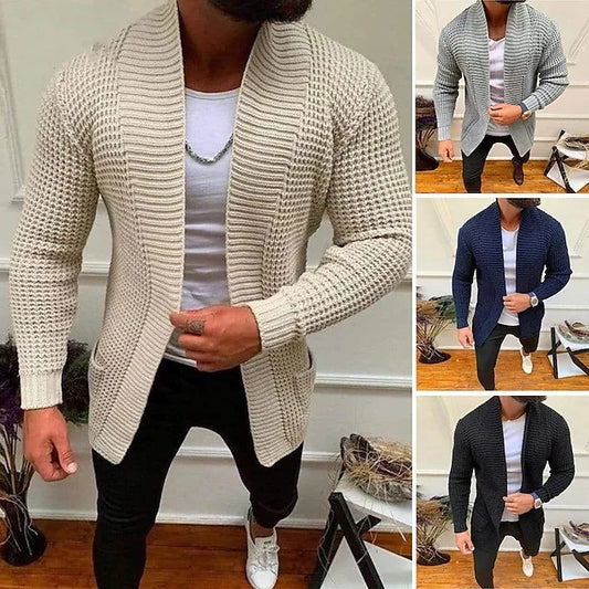 Nueva ropa para hombre, suéter tejido con solapa de manga larga informal a la moda, prendas de vestir exteriores para hombre