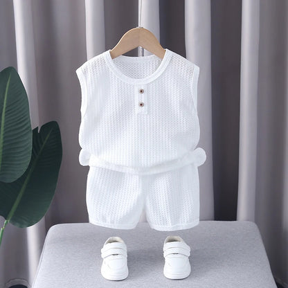 Ropa de oso para niños y niñas, chaleco de cuello redondo, pantalones cortos, chándales de dibujos animados para niños pequeños, moda de verano, nuevo conjunto de 2 piezas
