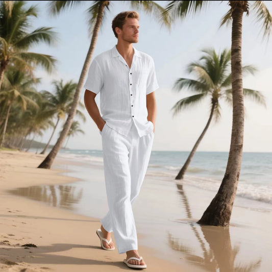 Camisa informal de lino y algodón para hombre, conjunto de dos piezas con bolsillo de solapa, pantalones largos y ropa transpirable de moda, verano, playa