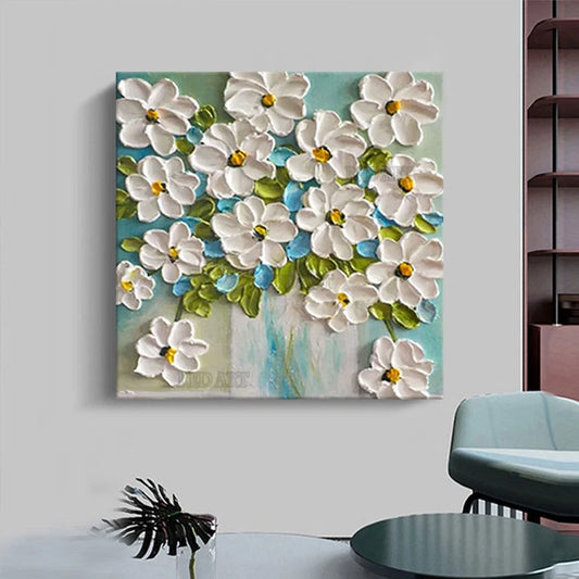 Pintura al Óleo Abstracta con Espátula, Flores con Textura Acrílica Gruesa sobre Lienzo, Murales Florales, Arte para Hoteles, Decoración de Sala de Estar