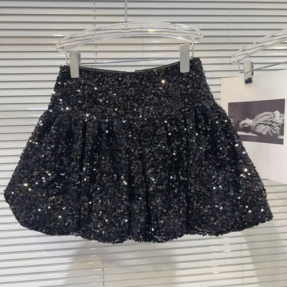 Falda corta de lentejuelas para niñas, falda corta de cintura elástica con lentejuelas brillantes y brotes de flores pesadas, primavera 2025