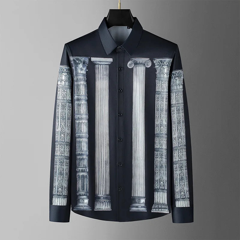 Camisa de manga larga con estampado de columna romana de estilo americano y europeo para hombre, camisas de vestir formales de negocios informales ajustadas, ropa para hombre