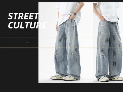 Pantalones vaqueros de pierna recta holgados rasgados de otoño para hombre, moda Hip Hop, pantalones vaqueros con estampado de grafiti, ropa de calle informal Y2K, pantalones vaqueros