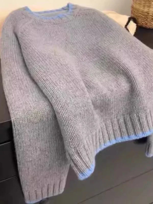 Suéter de lana merino australiana gruesa de cuello redondo con bloques de color, estilo holgado e informal, ideal como camise...