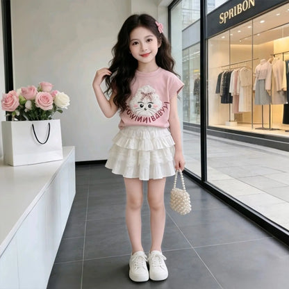 Conjunto de verano para niñas, camiseta de manga corta y falda, conjunto de dos piezas, estilo informal, ropa moderna para niños