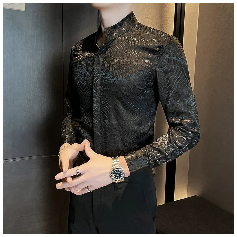 Camisas estampadas de manga larga con cuello levantado para primavera y otoño, camisa informal de moda para hombre de estilo chino Formal Social de negocios