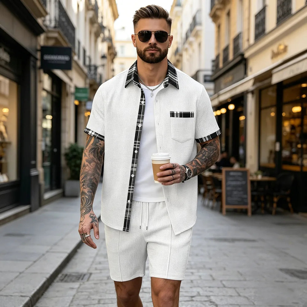 Nuevo conjunto de verano Waffle, camisa y pantalones cortos a cuadros para hombre, conjunto informal de dos piezas F156D