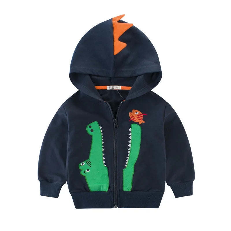 Sudadera con capucha de dibujos animados de dinosaurios para niños y niñas, ropa informal de lana de algodón con cremallera, abrigo simplificado, primavera 2024