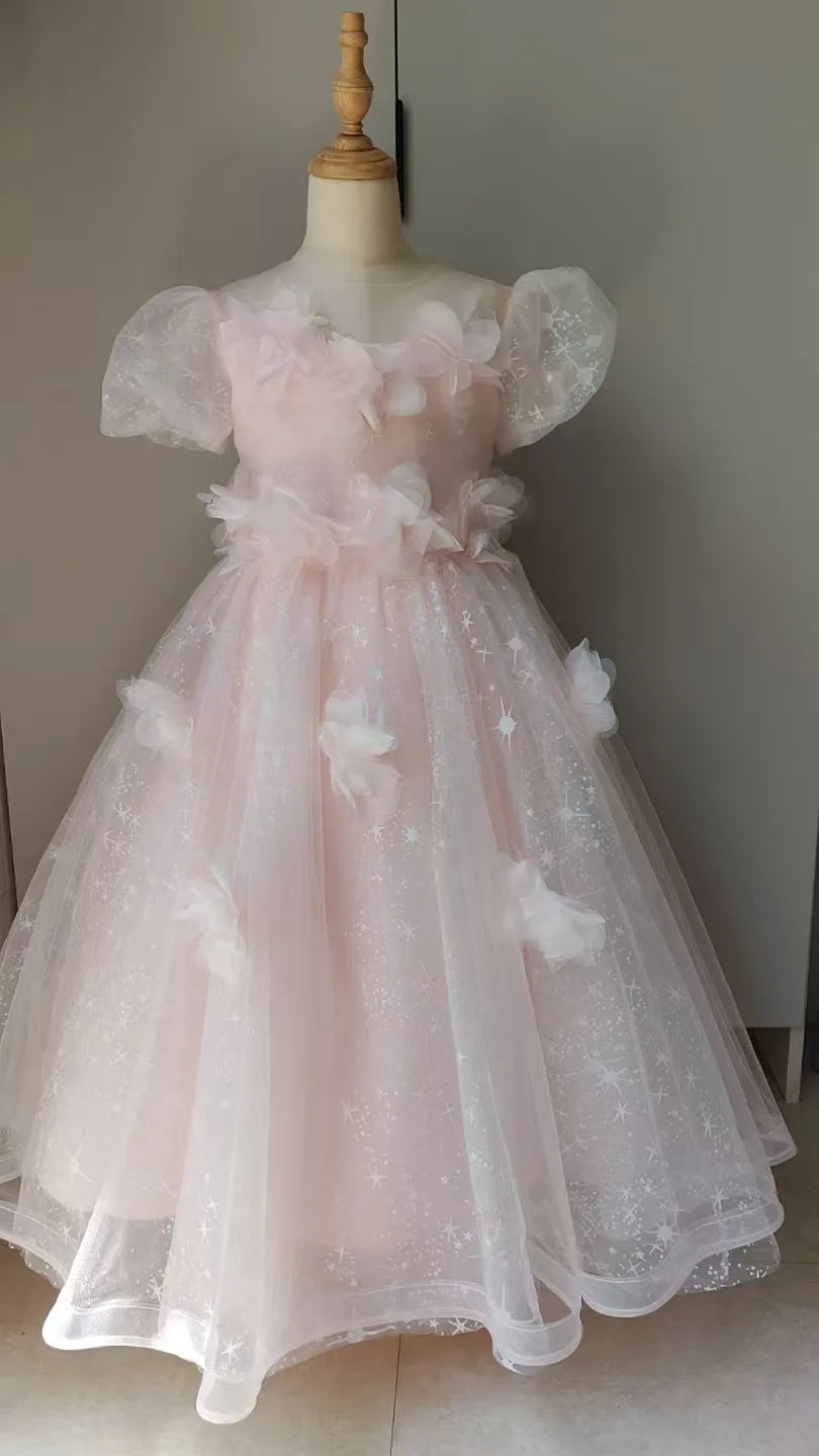 Vestido largo rosa para niñas, vestidos de presentador, ropa para fiesta de cumpleaños, vestido de princesa, disfraz de lujo, traje de actuación de Piano para niños