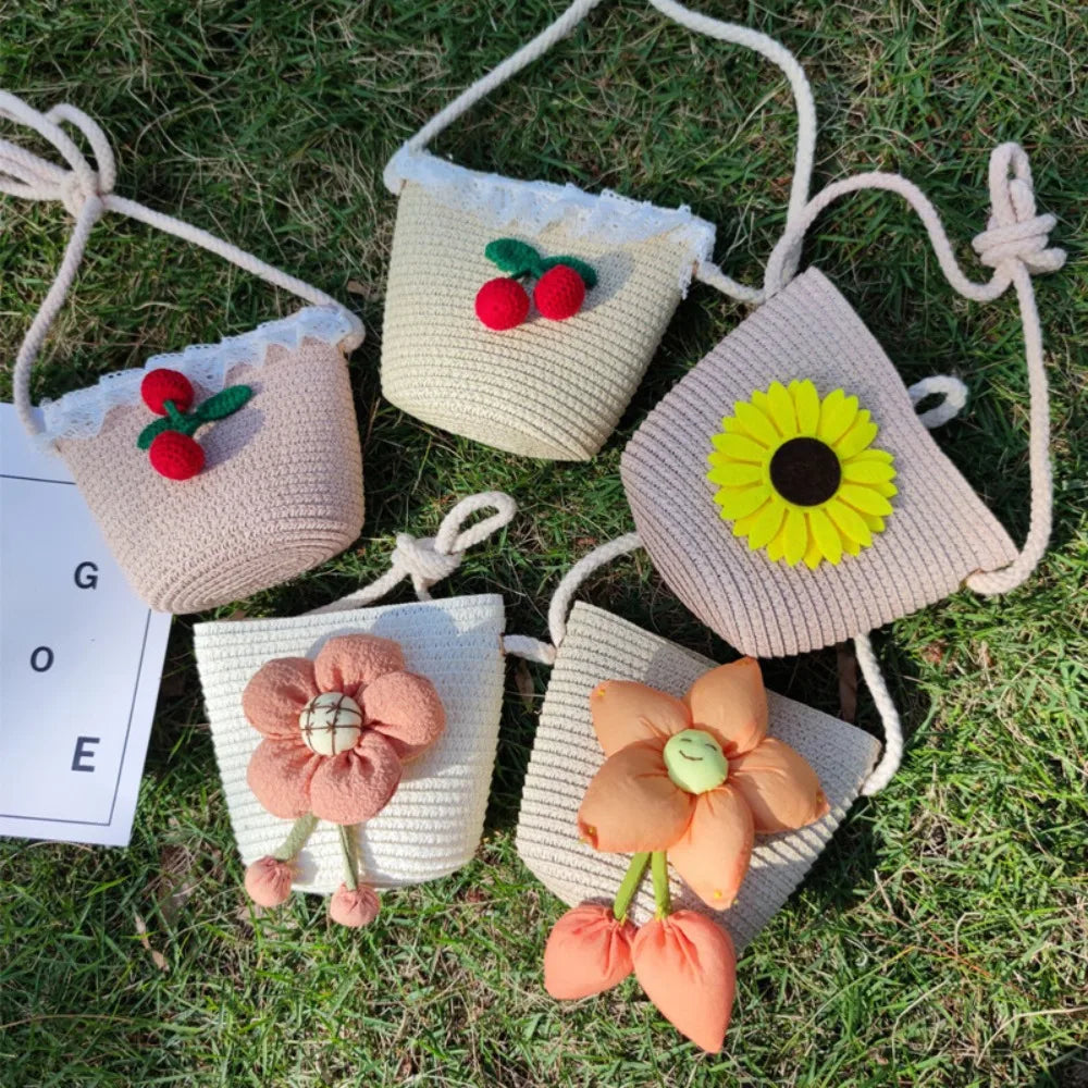 Bolso de hombro hecho a mano para niños y niñas, con flores bandolera de paja, monedero para llaves, Mini bolso de princesa