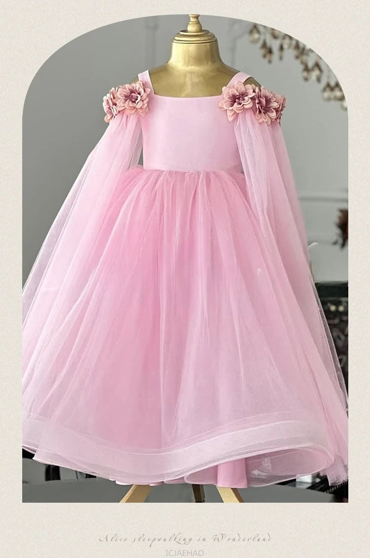 Vestido de boda para niños, vestidos de boda rosas con flores para niñas, ropa para niños, actuación de Piano, presentador, vestido de fiesta de cumpleaños de princesa, disfraz
