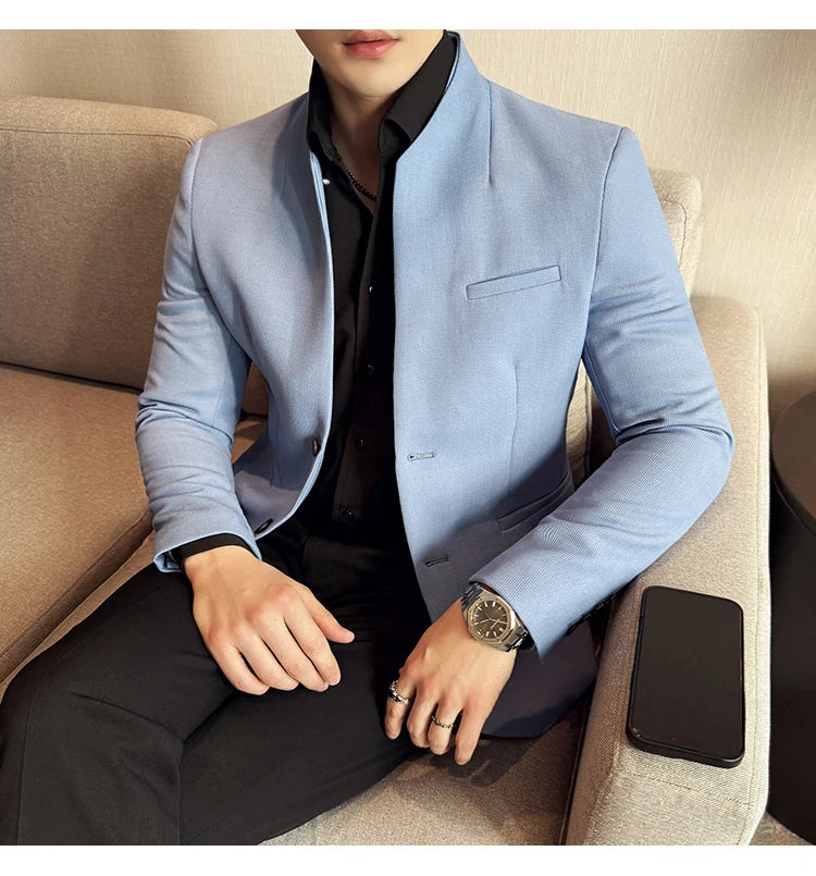 Chaqueta de traje con cuello levantado de alta calidad para hombre, chaquetas de negocios informales, abrigo coreano con gofres para boda, novio, banquete, vestido de fiesta, 2025