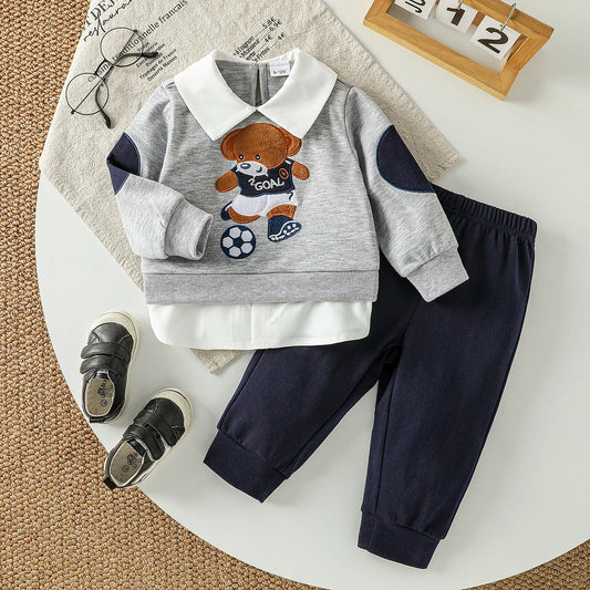 Nuevo 2025, 2 uds., sudadera informal de manga larga con solapa de oso de dibujos animados para niños y pantalones lisos, conjuntos de ropa de otoño para 1-3 años