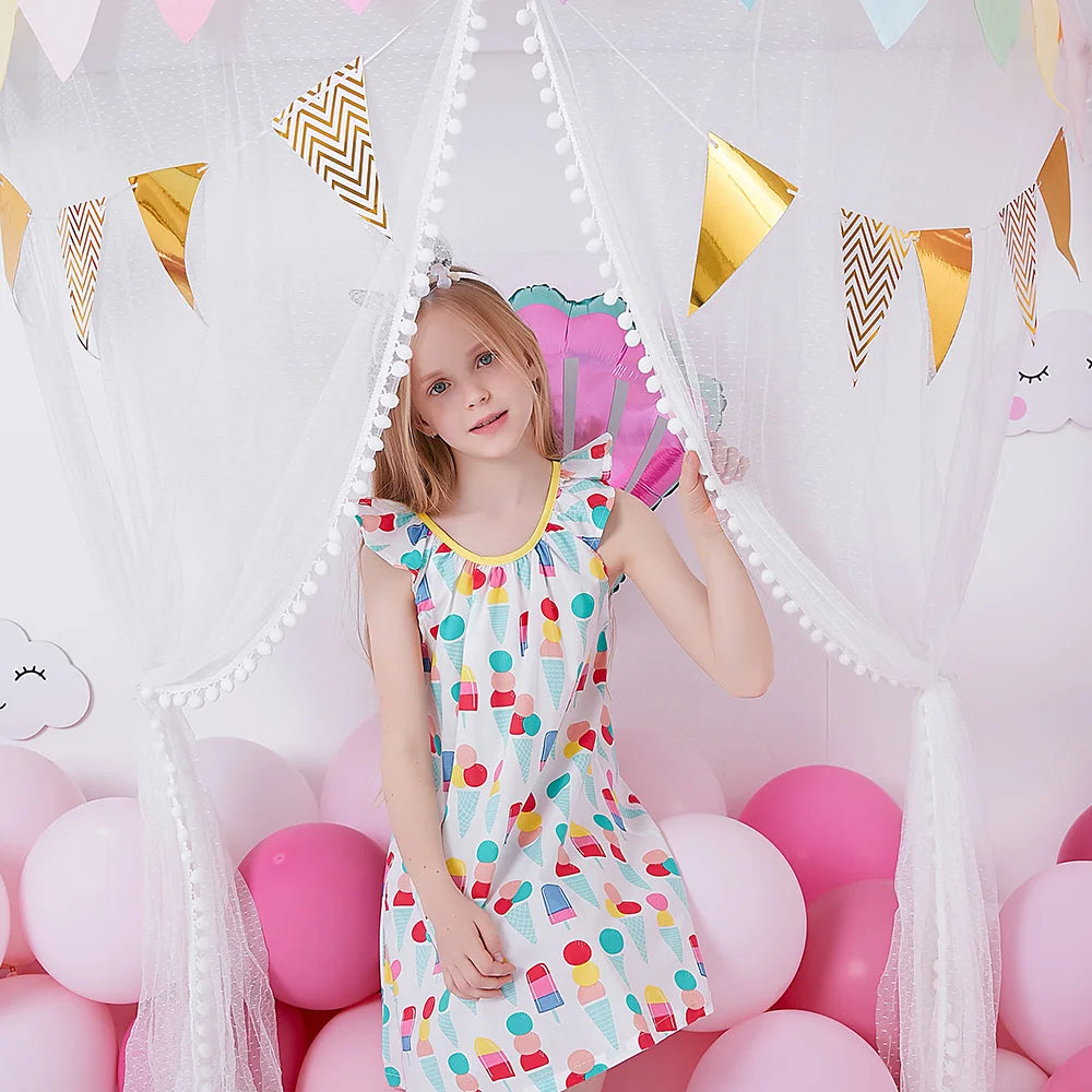 VIKITA-camisola con tirantes para niña, vestido sin mangas con estampado de helado, manga acampanada, ropa de verano
