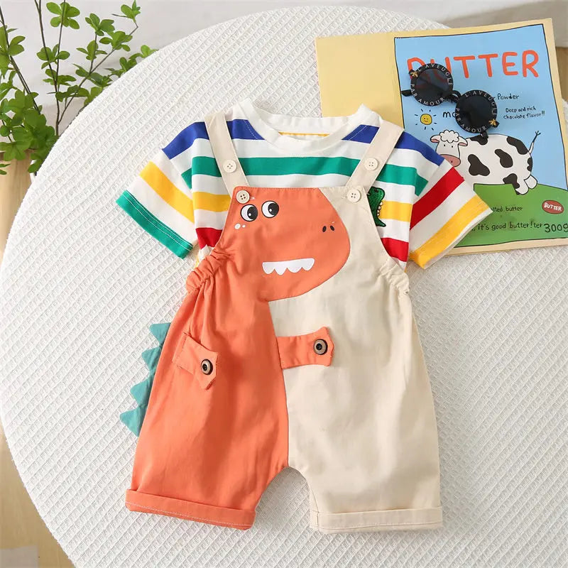 Ropa de verano para niños, ropa de moda para niños pequeños, ropa de arcoíris, camiseta, pantalones con pechera de dinosaurio de dibujos animados, 2 unids/set, traje para niños