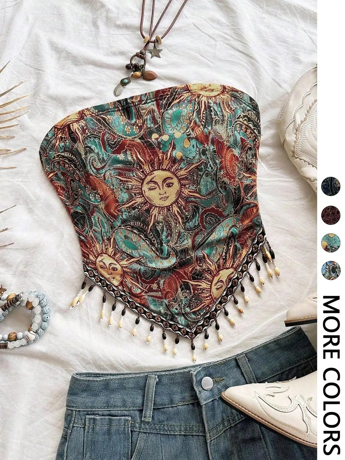 Top de tubo de punto de malla estampado de 1 pieza para mujer con dobladillo triangular y adornos de flecos con cuentas