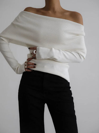 Suéter de punto para mujer con hombros descubiertos, top de manga larga, jersey, ropa de otoño-invierno en rojo, gris, marrón y blanco