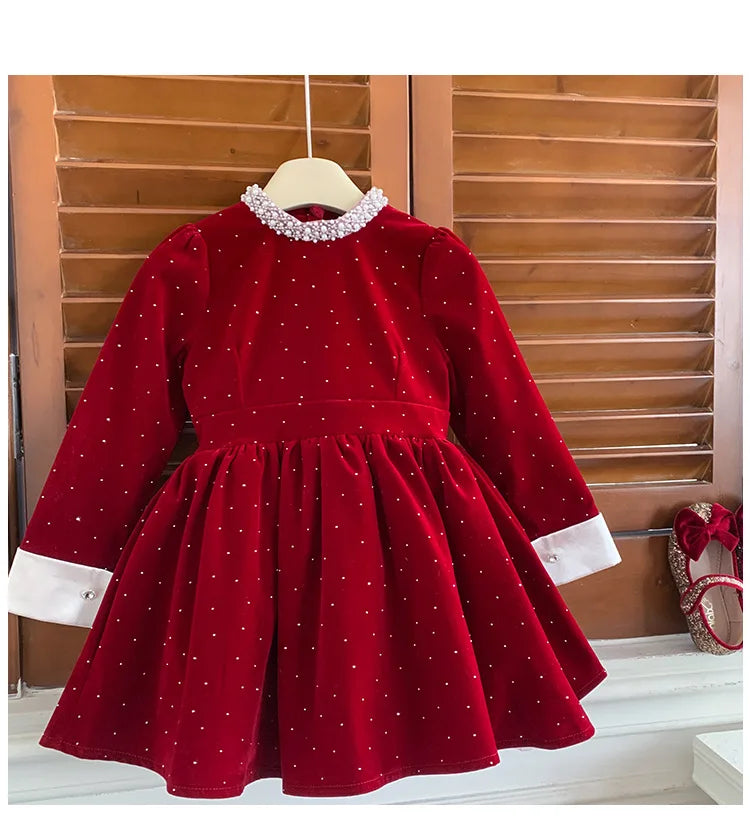 Vestido de Terciopelo Brillante para Niñas, Edición Primavera Otoño Invierno 2026, Vestido de Princesa con Cuello de Perlas