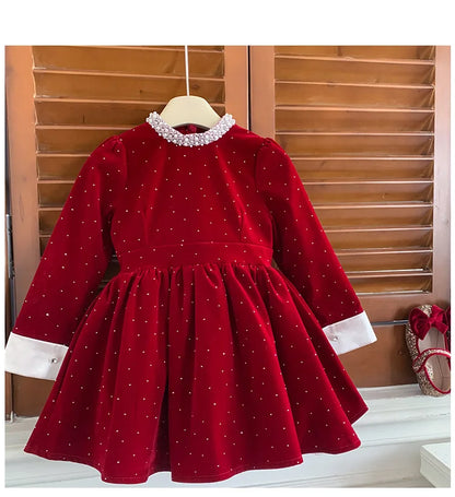 Vestido de Terciopelo Brillante para Niñas, Edición Primavera Otoño Invierno 2026, Vestido de Princesa con Cuello de Perlas