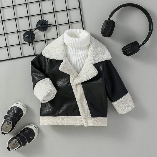 3M-3Y Otoño Invierno niños nueva moda chaqueta de cuero PU mantener caliente espesar piel sintética en un abrigo ropa elástica