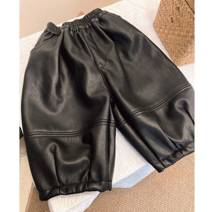 Children's Winter Leather Pants New Style for Boys and Girls with Velvet Thickened Warm Loose Pants