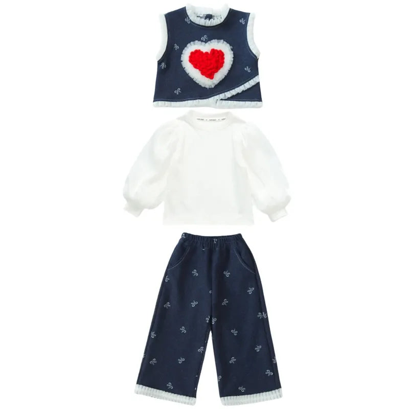 Conjunto de tres piezas con lazo grande de amor para niña, edición coreana de moda de primavera y otoño, ropa para niña