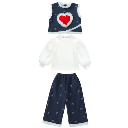 Conjunto de tres piezas con lazo grande de amor para niña, edición coreana de moda de primavera y otoño, ropa para niña